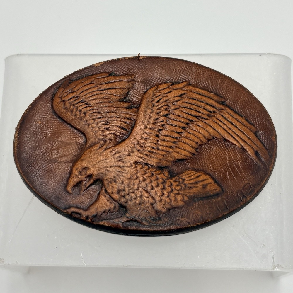 1990 Leather Eagle Belt Buckle Tooled Embossed Western Americana Vintage